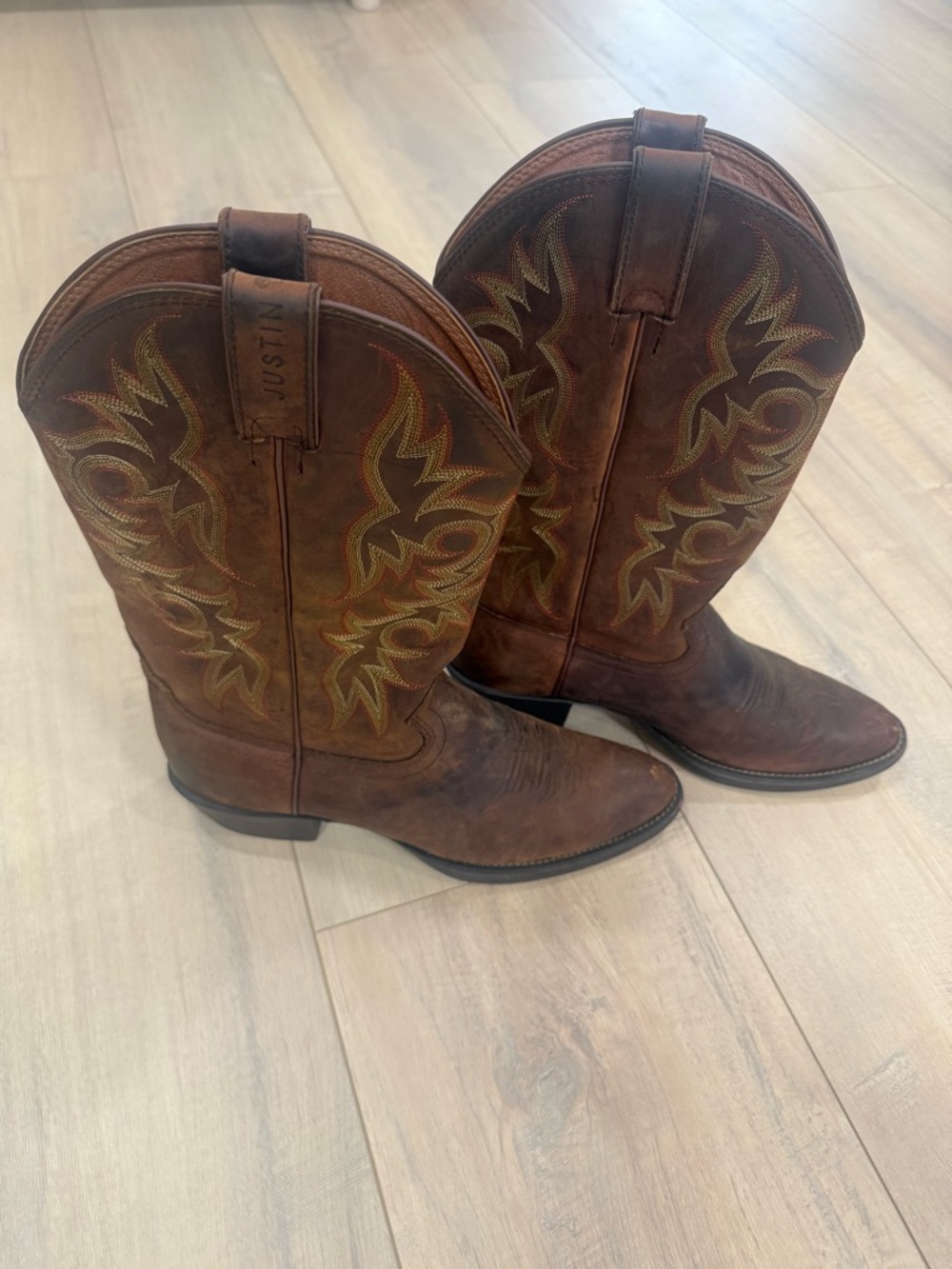Justin Stampede Boots Brown Leather Western Embroidered Cowboy Boots-2551